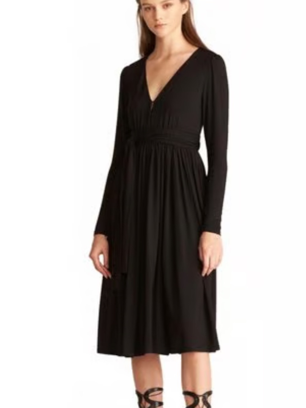 Rebecca Taylor Black Long-Sleeve V-Neck Midi Dress